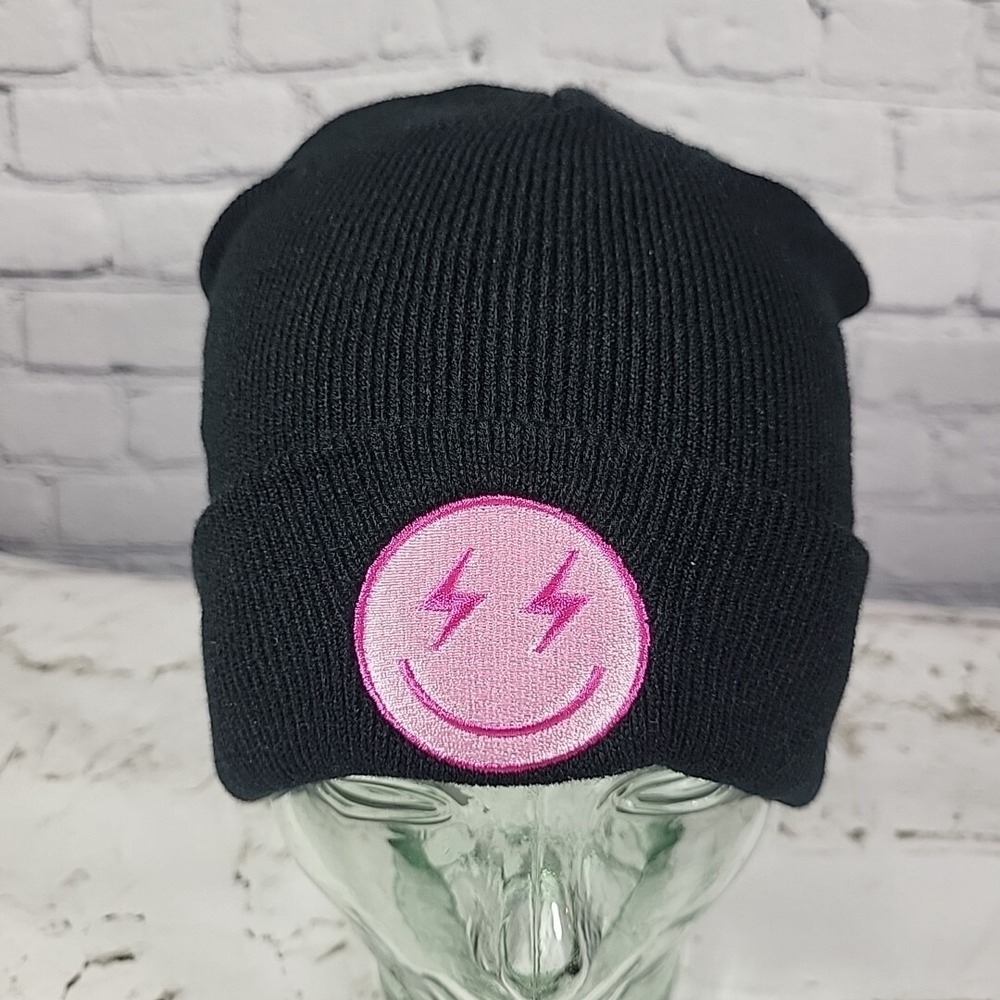 Emoji Beanie Unisex One Size Lightning Bolt Smiley Emoticon Patch Ski Cap Hat